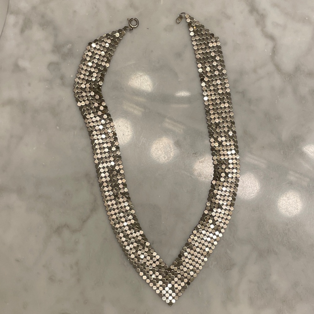 Vintage Silver Sequin Metal Mesh V Necklace